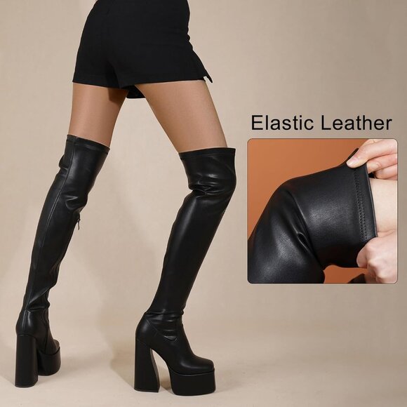 Women Black Synthetic Thigh High Boots Chunky Block Heels Over The Knee Boots - Picture 6 of 9